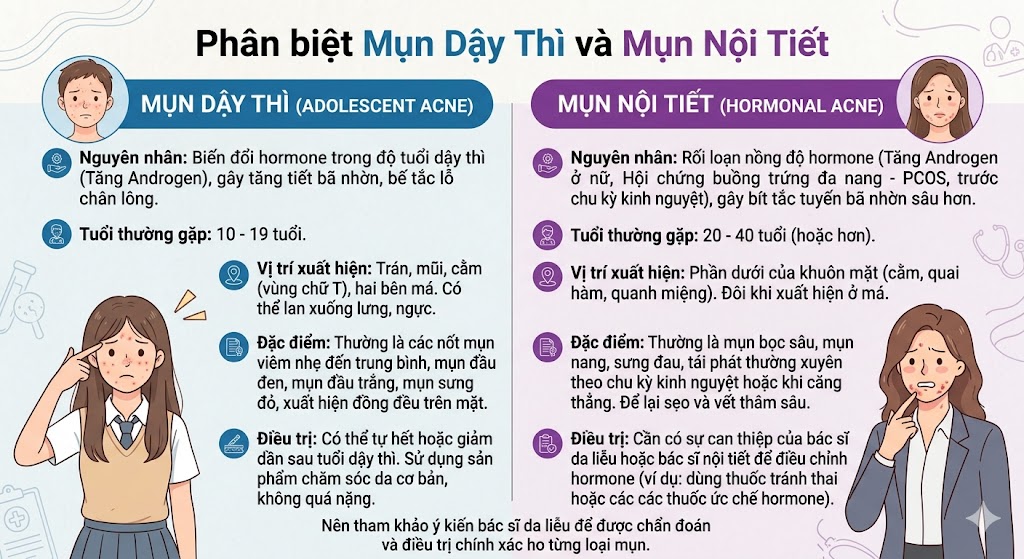 Phân biệt mụn dậy thì và mụn nội tiết